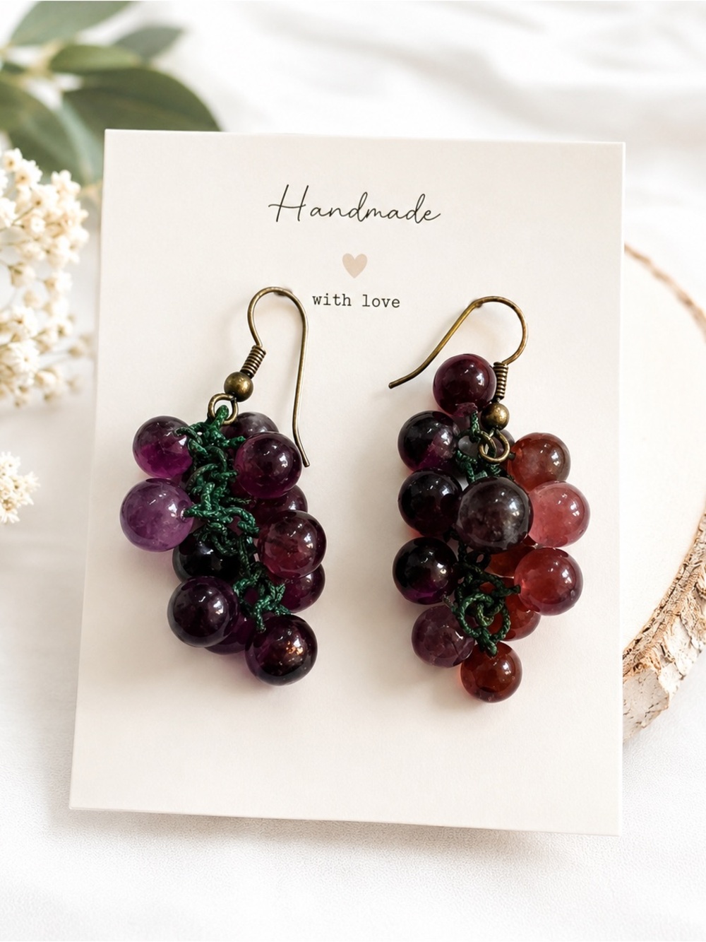 Vintage  Women’s Grape Cluster Bead Earrings - Purple & Red